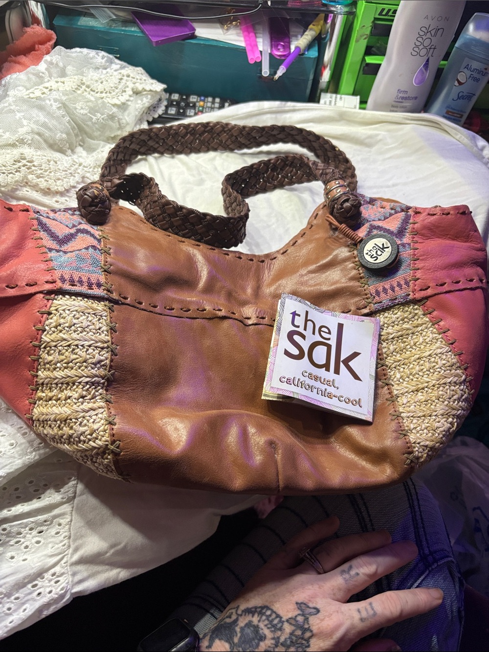 The Sak Brown Leather & Pink Woven Shoulder Bag